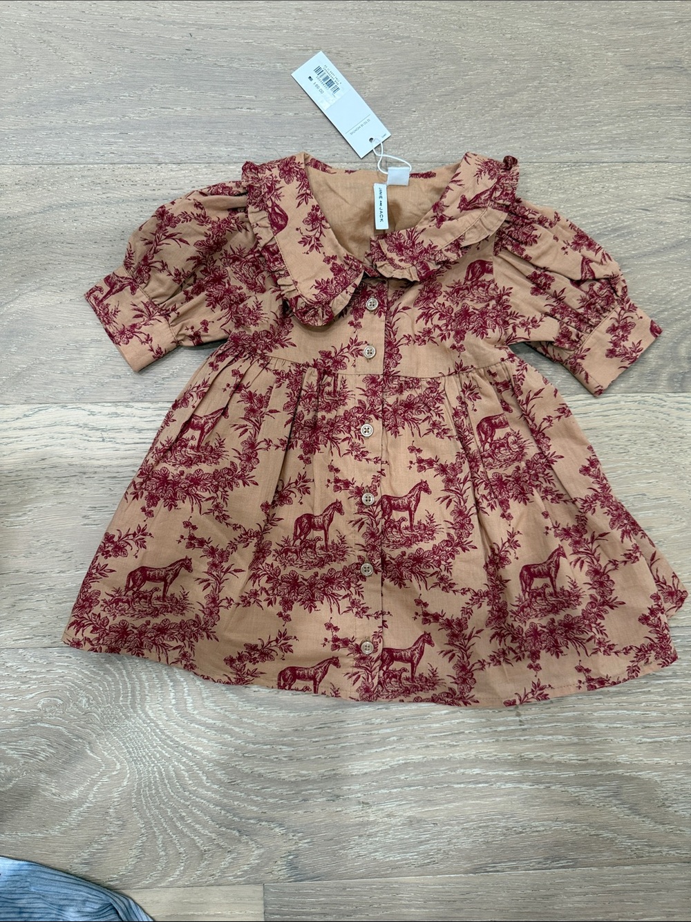 Janie and Jack Tan Dress with Burgundy Toile Print